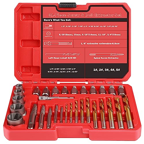 35 Pcs Spiral Screw Bolt Extractor Set Left Handed Drill Bit | 6542/4341 HSS Easy Out for Removing Broken Stripped Screws Nuts with Solid Storage Case - size: 35Pcs