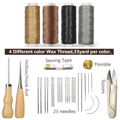 Leather Sewing & Upholstery Repair Kit with 2 Awls, Needles & Waxed Thread | for Stitching and Repairing Car Seats, Sofas, Carpets, Shoes and Bags, ideal for Canvas, Tents and DIY Leather Crafts