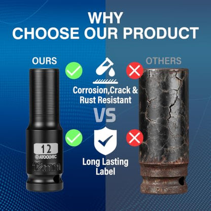 1/2 Inch Drive x 12mm Deep 6PT CR-MO Impact Socket for Removing Axle nut | Metric Socket,6-Point Radius Corner Design,Two Size Markings,Square Chamfered Opening,For Removal of Axle Nut - size: 12 mm, style: 1/2" Drive Deep Socket