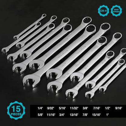 DURATECH Combination Wrench Set, SAE, 15-Piece, 1/4" to 1" | 12-Point, CR-V Steel, Rolling Pouch - size: Set (1/4" to 1")