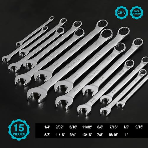 DURATECH Combination Wrench Set, SAE, 15-Piece, 1/4" to 1" | 12-Point, CR-V Steel, Rolling Pouch - size: Set (1/4" to 1")