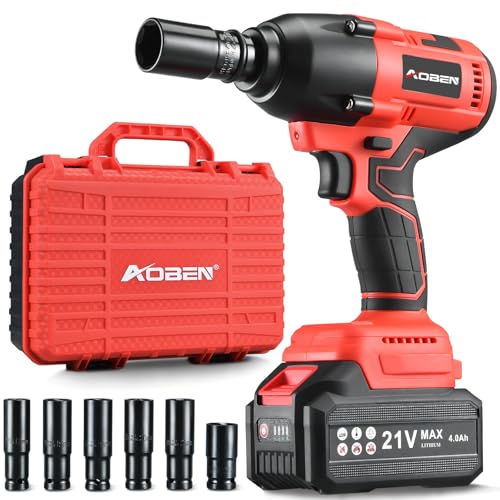 AOBEN Cordless Impact Wrench 1/2 Inch, Power Impact Gun Kit, Max 600N. M/450Ft-lbs High Torque Electric Impact Driver for Car RV Tire, 4.0Ah Battery, Charger, 6 Sockets & Storage Tool Case - size: AB-7337-B