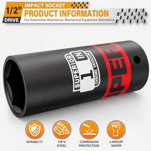 1/2" Drive Impact Socket, 1 inch Deep Socket, SAE, 6 Point, CR-V, for Car Repair, Loosen the Fastening Nut - size: 1/2" Drive 1 Inch Deep