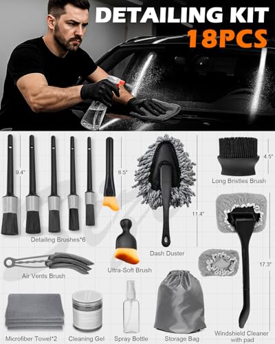 Windshield Cleaner Tool, 18Pcs Car Interior Detailing Brush Set, Inside Windshield Cleaning Kit with 200g Cleaning Gel, Duster Brush, 2 Microfiber Pads, Car Detailing Supplies for Men (Gray) - size: 18PCS