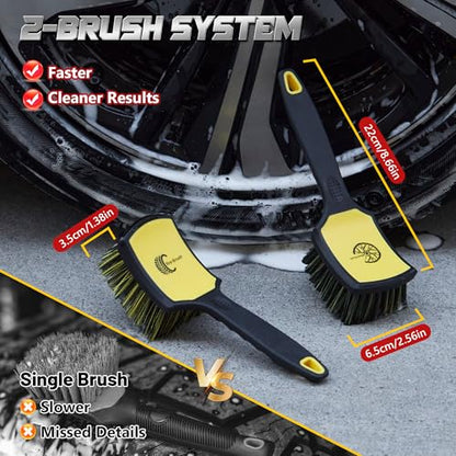 BMLEI Wheel & Tire Brush Set, 2 Pack Car Wheel Brush & Tire Cleaner Brushes | Soft Bristle Rim Brush, Stiff Tire Scrub Brush, Scratch-Free Wheel Cleaning Kit for Car Detailing, Trucks, SUVs - color: Yellow&black