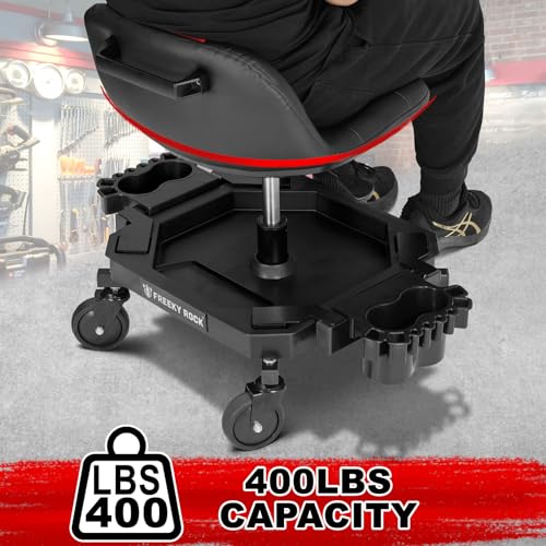 Rolling Stool with Wheels, Adjustable Height Pneumatic Garage Work Mechanic Stool Seat with Backrest, 400 LBS Capacity 360° Swivel Mechanic Crepper Chair with Tool Tray Storage, Red - color: Red