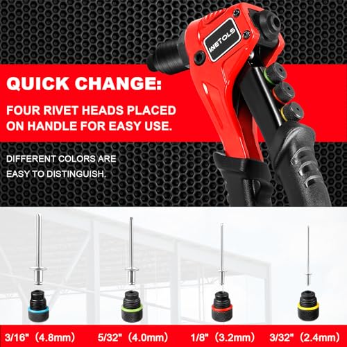 WETOLS Pop Rivet Gun Kit with 200 Blind Rivets,Upgraded Pop Rivet Tool Kit | Manual Single Hand Riveter with 4 Tool-Free Interchangeable Rivet Heads, 4 Drill Bits and Sturdy BMC Carrying Case - size: Regular Rivet Gun