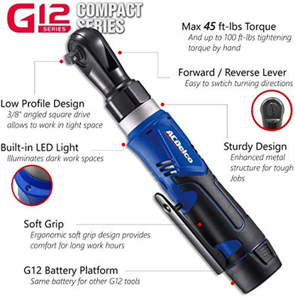 ACDelco Tools ARW1209-K92 G12 Series 12V Li-ion Cordless ¼” & 3/8” Ratchet Wrench Combo Tool Kit with 2 Batteries and Canvas Bag