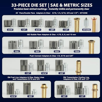 Professional Hydraulic Flaring Tool Kit, with Stabilizing Arm for 45° Double & Single, ISO Bubble, GM Fuel & Transmission Line Flares - 3/16" to 1/2" & 4-10mm, Includes Cutter & Deburrer - size: MU-HFTK-410