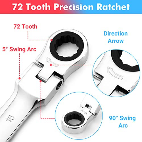 Towallmark 20-Piece Ratcheting Combination Wrench Set, Combo Ratchet Wrenches Set, 72 Teeth, SAE 1/4-3/4"& Metric 6-19mm, Chrome Vanadium Steel with Storage Bag