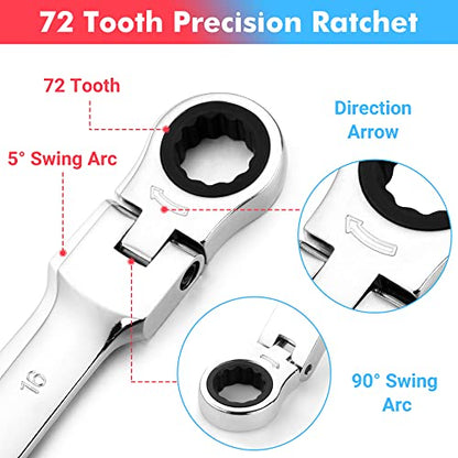 Towallmark 20-Piece Ratcheting Combination Wrench Set, Combo Ratchet Wrenches Set, 72 Teeth, SAE 1/4-3/4"& Metric 6-19mm, Chrome Vanadium Steel with Storage Bag