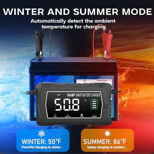 lifepo4 Charger 16-Amp Fully-Automatic Maintain,6V/12V/24V Lead-Acid(AGM/Gel/SLA)/Lithium lron LiFePO4 Trickle Charger,Pulse Repair Car Battery Charger,Deep Cycle