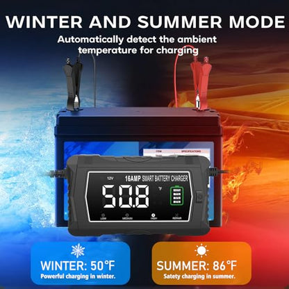 lifepo4 Charger 16-Amp Fully-Automatic Maintain,6V/12V/24V Lead-Acid(AGM/Gel/SLA)/Lithium lron LiFePO4 Trickle Charger,Pulse Repair Car Battery Charger,Deep Cycle