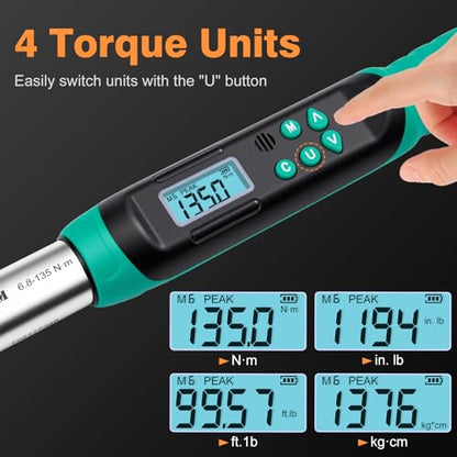 Digital Torque Wrench 3/8 Drive, 5–99.6 Ft-lbs / 6.8–135 N·m, ±2% Accuracy, Dual-Direction Ratchet, Electric Torque Wrench with Buzzer & LED Indicator for Bike, Motorcycle, Auto Repair