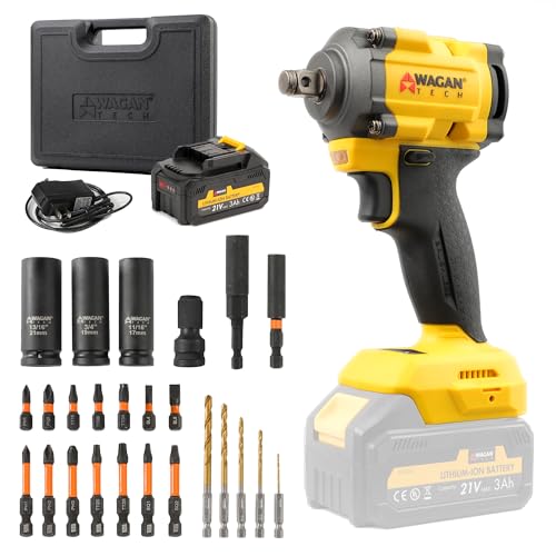 Wagan EL4500 OneVolt Cordless 3-in-1 Power Tool, 1/2 Inch Brushless Impact Wrench Kit with 280 ft-lbs Torque, 21V 3Ah Battery, Drill Bits, Screwdriver Bits and Impact Sockets for Car and Home - size: EL4500 21V