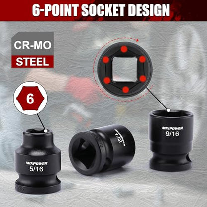 MIXPOWER 12-Piece 3/8" Drive Stubby Impact Socket,CR-MO,5/16"-1",6-Point,SAE,Radius Corner Design, Axle Nut Impact Grade Socket for Easy Removal - size: 3/8" Drive / SAE Set