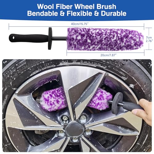 4 Pack Wheel Tire Cleaning Brush Kit Cars Motorcycles RVs Trucks Rim Hub Ultra Soft Microfiber No Spatter 360 Bendable Synthetic Woolies Wash Vehicles Bristle Set - color: Purple & White