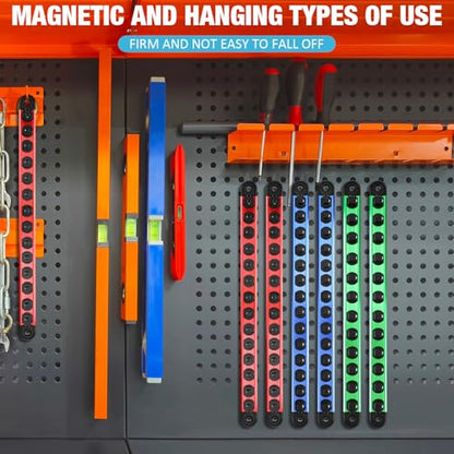 Ceenna 12 Piece Magnetic Socket Organizer Set, Heavy Duty Socket Holder, Sockets Rack Kit with 1/4-inch x 14 Clips, 3/8-inch x 14 Clips, 1/2-inch x 12 Clip, Gift for Men, Red, Blue and Green