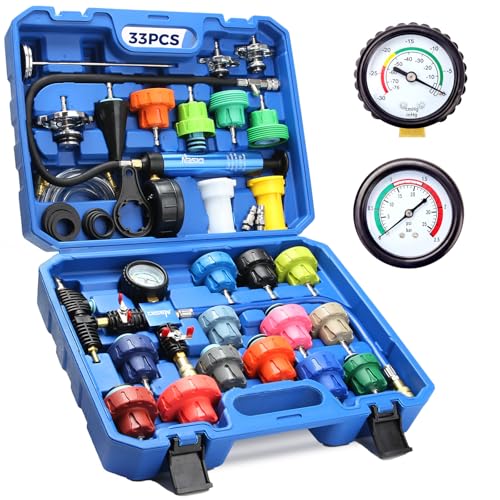 DISEN 33Pcs Coolant Pressure Tester Kit, Master Coolant Vacuum Refill Kit with 23 Radiator Adapters, Radiator Cooling System Pressure Tester & Vacuum Purge Tool for Cars, Trucks, SUVs - size: 33pcs
