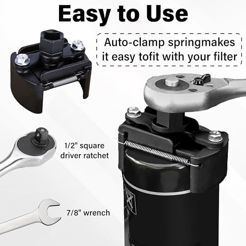 Adjustable Oil Filter Wrench, Universal 2-3/8 to 3-1/8 inch 60-80mm Oil Filter Removal Tool with Auto-Clamp Spring, 1/2'' Drive Cap Style Oils Filters Remover, Fits Small Medium-sized