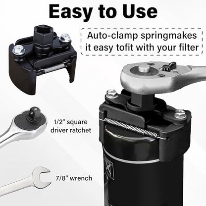Adjustable Oil Filter Wrench, Universal 2-3/8 to 3-1/8 inch 60-80mm Oil Filter Removal Tool with Auto-Clamp Spring, 1/2'' Drive Cap Style Oils Filters Remover, Fits Small Medium-sized