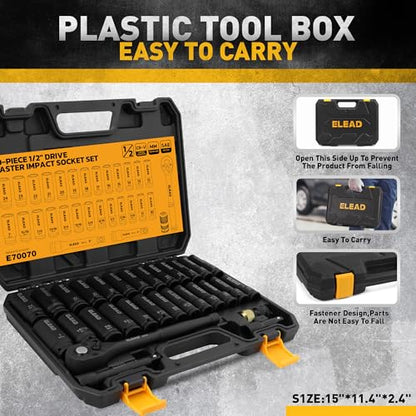 ELEAD 1/2" Drive Deep Impact Socket Set: 30-Piece Standard SAE (3/8 to 1 Inch) and Metric (10-24mm) Size, 3" and 5" Drive Extension Bar, Ratchet Handle, Bit Adapter, CR-V Steel for Auto Repair - style: 30pcs 1/2'' Drive Impact Socket Set