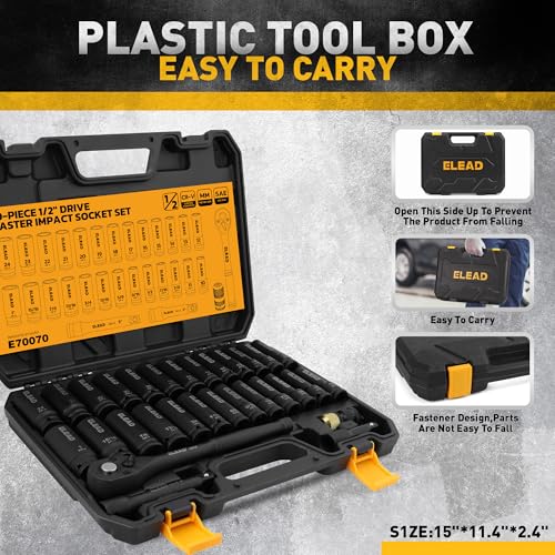 ELEAD 1/2" Drive Deep Impact Socket Set: 30-Piece Standard SAE (3/8 to 1 Inch) and Metric (10-24mm) Size, 3" and 5" Drive Extension Bar, Ratchet Handle, Bit Adapter, CR-V Steel for Auto Repair - style: 30pcs 1/2'' Drive Impact Socket Set