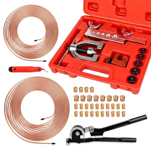 25 Ft 3/16" & 1/4" Brake Line Kit, Copper Coated Brake Line Repair Kit with Brake Line Bender, Single & Double Flare Tool Kit, Include 32 Inverted Tube Nut, Deburring Tool