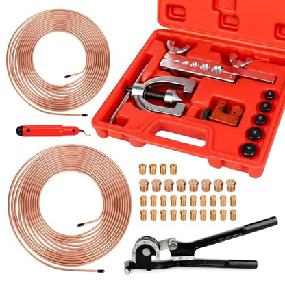 25 Ft 3/16" & 1/4" Brake Line Kit, Copper Coated Brake Line Repair Kit with Brake Line Bender, Single & Double Flare Tool Kit, Include 32 Inverted Tube Nut, Deburring Tool