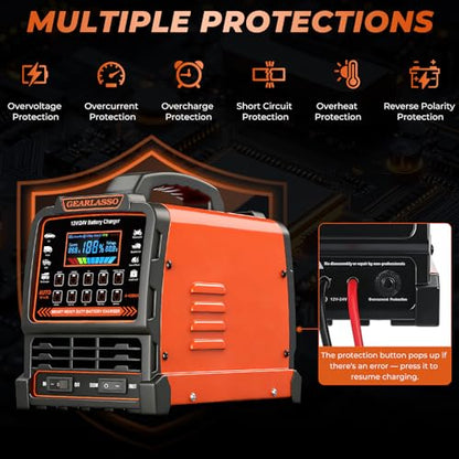 12V 24V Car Battery Charger Heavy Duty, 0-15A Automatic Battery Maintainer with Auto Shutoff, 10 Charging Modes incl. CV/CC & Strong Mode, Smart Trickle Charger for Car Truck Motorcycle RV