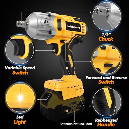bellaDimora Cordless Impact Wrench Compatible with Dewalt 20V Battery | Brushless Motor, Auto-Stop Reverse, LED Light, 32-Piece Kit, Tire Change, Lug Nuts & Rusted Bolts (No Battery)