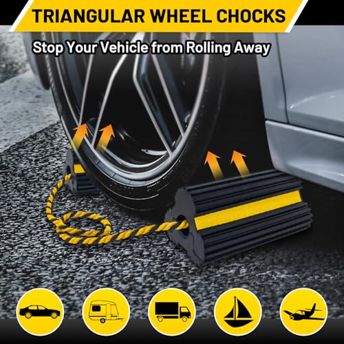 ROBLOCK Heavy Duty Wheel Chocks, Rubber Wheel Block Non-Slip Base with Nylon Rope Yellow Reflective Tape - 1 Pair Black, Wheel Stoppers for Travel Trailers, RV, Aircraft, Car, Camper, Truck - color: 2pack