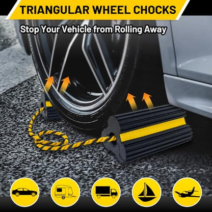ROBLOCK 2 Pairs Wheel Chocks Heavy-Duty Rubber Wheel Block Non-Slip Base with Nylon Rope Yellow Reflective Tape - 4 Pack Wheel Stopper for Travel Trailers, Car, Camper, Truck, Black - color: 4pack