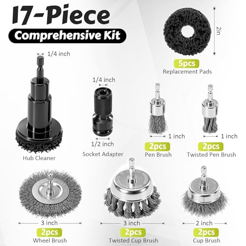 ACOCO 1/4" Hex Shank Wheel Hub Cleaning Tool and Wire Brush Set, 17pcs | Brake Rotor Resurfacing Kit with 10 Drill Brushes & 5 Polishing Pads for Lug Studs, Calipers and Automotive Rust Removal
