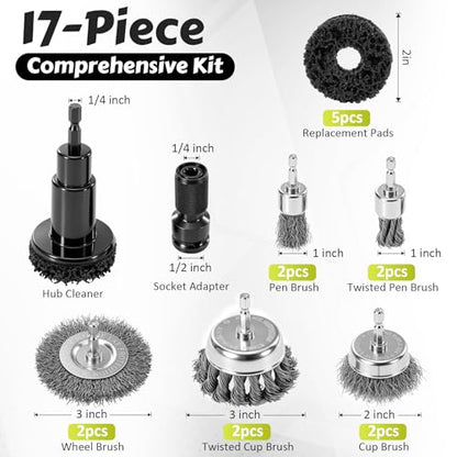 ACOCO 1/4" Hex Shank Wheel Hub Cleaning Tool and Wire Brush Set, 17pcs | Brake Rotor Resurfacing Kit with 10 Drill Brushes & 5 Polishing Pads for Lug Studs, Calipers and Automotive Rust Removal