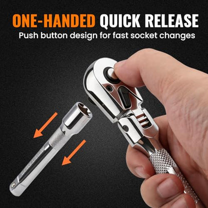 Stubby Flex Head 3/8" Drive Ratchet Wrench, 90T Mini Ratchet, Quick-Release Reversible with Cr-Mo Head and 3" Extension Bar for Tight Spaces - size: 3/8" Stubby