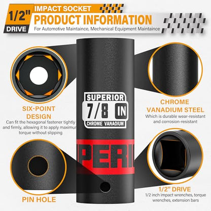 1/2" Drive Impact Socket, 7/8 inch Deep Socket, SAE, 6 Point, CR-V, for Car Repair, Loosen the Fastening Nut - size: 1/2" Drive 7/8 Inch Deep