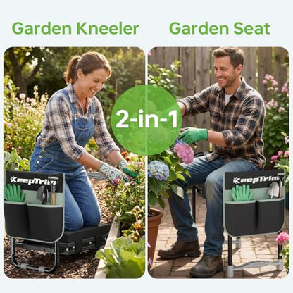 Garden Kneeler and Seat, Foldable Ergonomic Kneeling Bench with Tool Pouch 400 Lbs (Black)