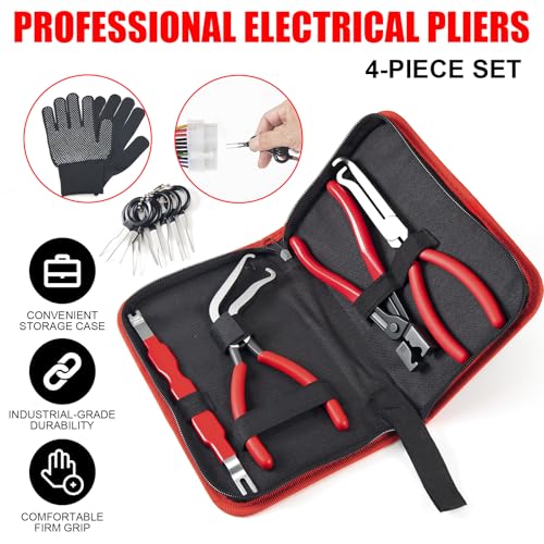 SKOCHE 7 Piece Electrical Disconnect Pliers with Terminal Pin Removal Tool Kit, Black Gloves, Automotive Electrical Plug Connector Disconnect Tool for Cars, Connector Separator and Hose Clamp Pliers
