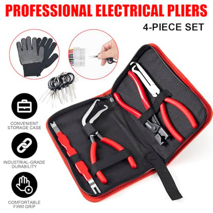 SKOCHE 7 Piece Electrical Disconnect Pliers with Terminal Pin Removal Tool Kit, Black Gloves, Automotive Electrical Plug Connector Disconnect Tool for Cars, Connector Separator and Hose Clamp Pliers