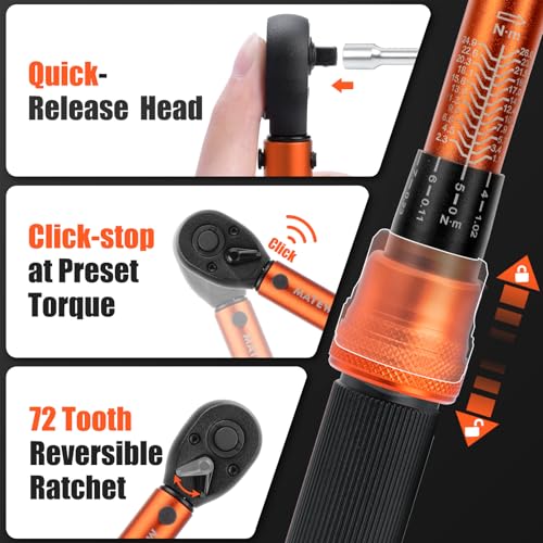 50PCS Inch Pound Torque Wrench Set, 1/4" Drive Bike Torque Wrench, 10-230 in.lb (1.1-26.0 nm), 72-Tooth Dual Direction Click Torque Wrench with Bit Sockets, for Bicycle, MTB, E-Bike Maintenance - size: 1/4-inch (50pcs, 10-230 in.lb/1.1-26.0 nm)