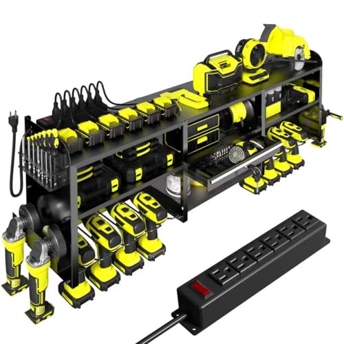 KSVO Large Power Tool Organizer Wall Mount with Locking Drawers, Grinder Holder, Hammer & Pliers Rack, & 6-Outlet Charging Shelf – Heavy Duty Metal Tool Storage for Garage & Workshop (black-new) - color: black