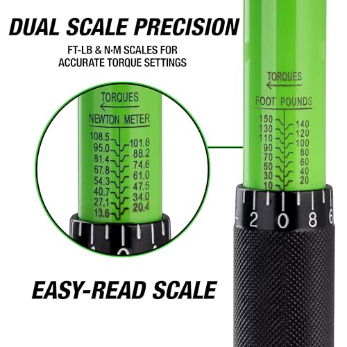OEMTOOLS 25694 3/8” Drive Click-Style Torque Wrench | Green | 14.5” Long | 10-80 Ft-Lb (13.558-108.47 Nm) | Accurate to +/- 4% | Knurled Handle for a Secure Grip | Clicks at Desired Torque - size: 3/8" Dr. 10-80 Ft/Lbs