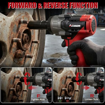 AOBEN 1500N.m Cordless Impact Wrench, 1/2" Heavy Duty Impact Gun, 3-Speed 2500RPM Power Torque for Truck & RV Lug Nuts, Rusted Bolts, 4.0Ah Battery & Fast Charger, 6 Sockets & Carry Case - size: AB-7337-D