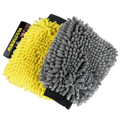 MIKKUPPA Car Wash Mitt Microfiber, Yellow & Gray, 2 Pack, 10" x 7" | Double-Sided Chenille Scratch Free Mitt with Waterproof Inner for Car Washing Home Cleaning - color: Yellow & Gray