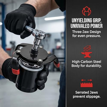 3/8 Inch 3-Jaw Oil Filter Wrench, Black, 1 PC | Anti-slip One-way Flat Jaw Remover, Adjustable with Drive Adapter, Universal for Most Cars, Trucks, SUVs