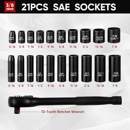 Aloanes 3/8" Drive Impact Socket Set, 21-Piece Deep & Shallow Sockets SAE (5/16"- 7/8"), 72-Tooth Ratchet Wrench, 6 Point Design, Cr-V Steel - size: 3/8" 21 PCS SAE