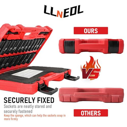 LLNEDL 3/8" Drive Impact Socket Set 95Pcs, Spark Plug Socket (5/8", 13/16"), 6 Point Metric & SAE from 5/16"- 3/4", 8-22mm, CR-V Deep & Shallow Kit with Quick Release Ratchet (72-Tooth) for Home & DIY - color: Red Case