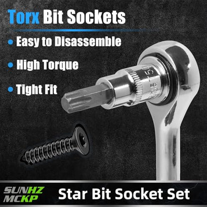 SUNHZMCKP 60PCS Master Torx Socket and External Torx Plus Security Star Bit | 1/4", 3/8", 1/2" Drive Socket Bit, Female E Sockets E4-E24, Star Socket Bits T6-T70, TT6-TT70, TP8-TP60, CR-V&S2 Alloy Steel - color: 60 Piece Torx Bit Socket Set