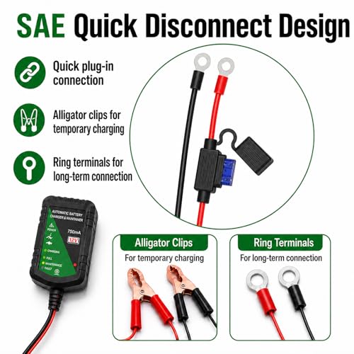 Unocho 12V Battery Charger 750mA Automatic Trickle and Float Maintainer for Lead-Acid Batteries, SAE Quick Disconnect with Clips and Ring Terminals for Motorcycle, Car, ATV, Boat, Lawn Mower